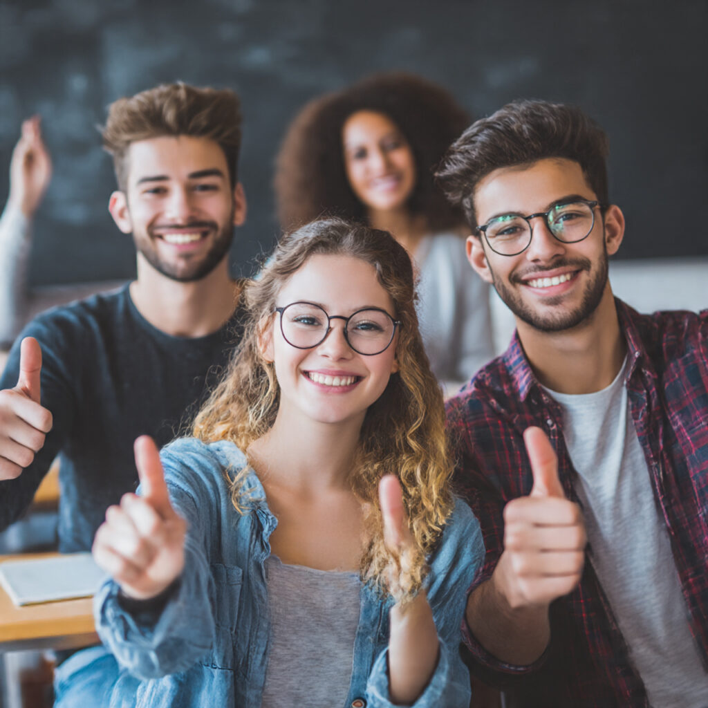 group of student with smile and say